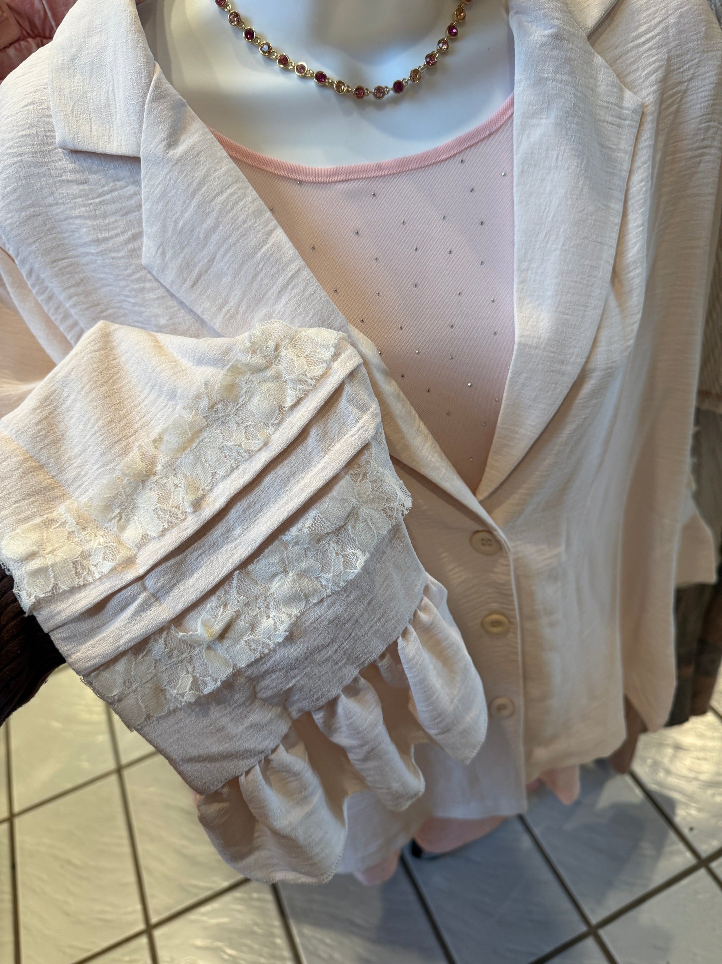 ORIGAMI Natural Lace Detail Ruffle Sleeve Top