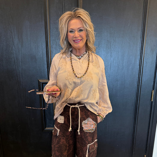 UMGEE Embroidered Boho Blouse with Balloon Sleeves Natural