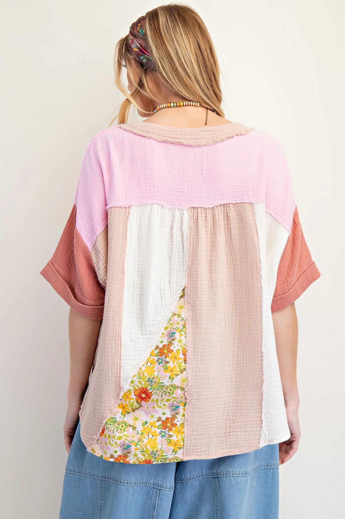 EASEL Patchwork Cotton Gauze Mineral Washed Top Cotton Pink