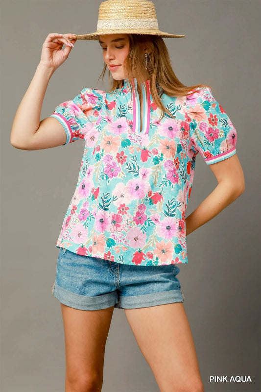 UMGEE Floral High-Collar Split Neck Blouse Pink Aqua