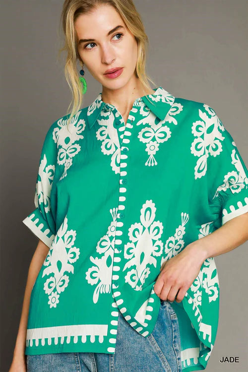 UMGEE Oversized Abstract Print Button Down Top Jade