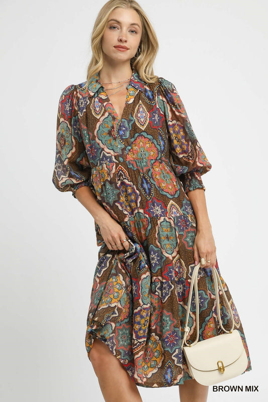 UMGEE Boho Print Tiered Midi Dress Brown Mix