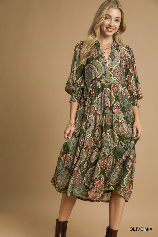 UMGEE Boho Print Tiered Midi Dress Olive Mix