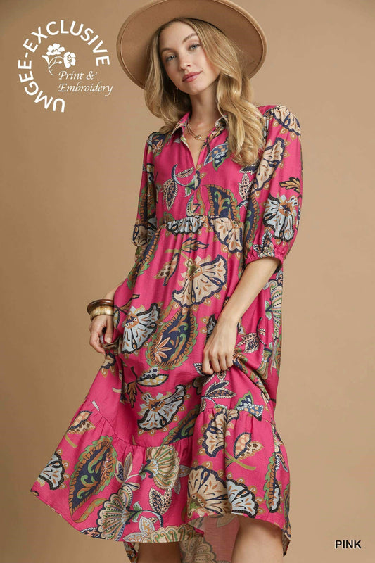 UMGEE Boho Paisley Tiered Midi Dress Pink