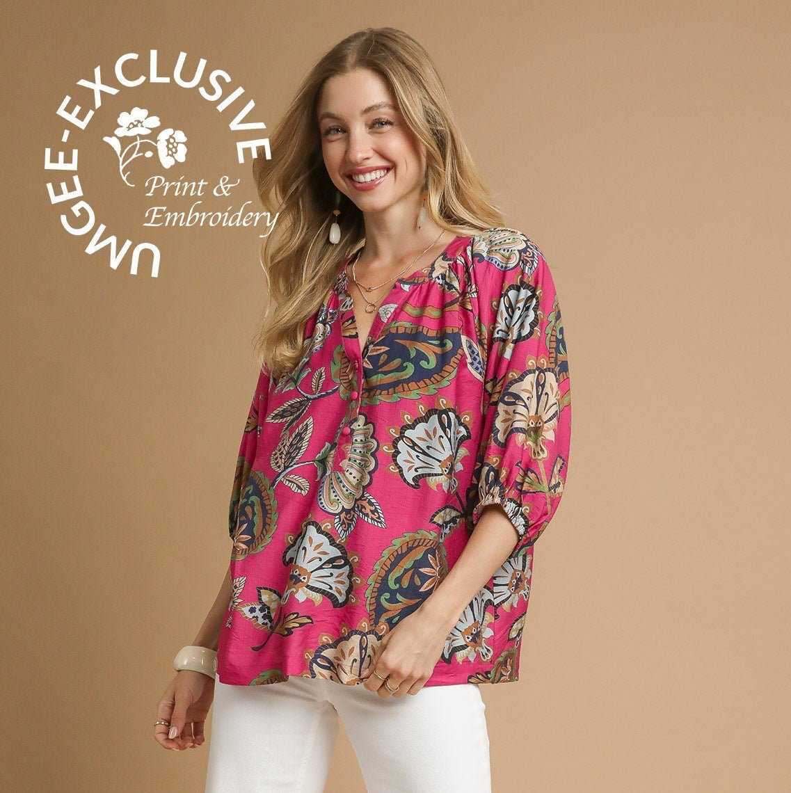 UMGEE Boho Paisley Puff Sleeve Blouse Pink