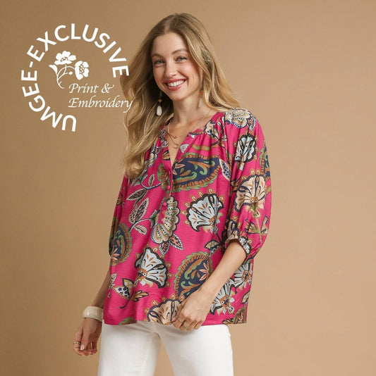 UMGEE Boho Paisley Puff Sleeve Blouse Pink
