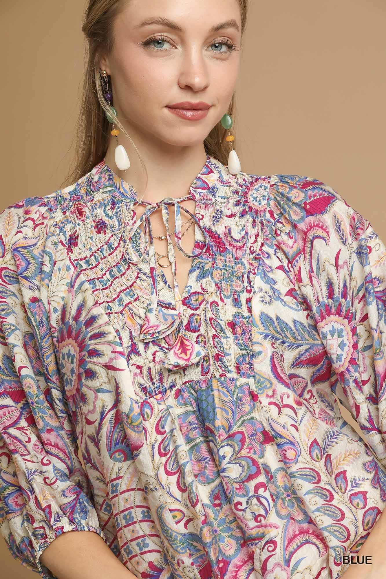 UMGEE Floral Paisley Boho Top Blue