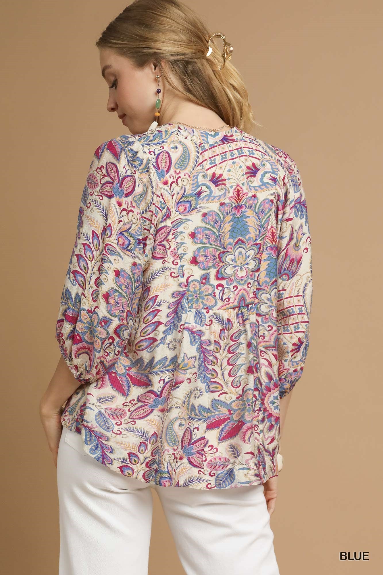 UMGEE Floral Paisley Boho Top Blue