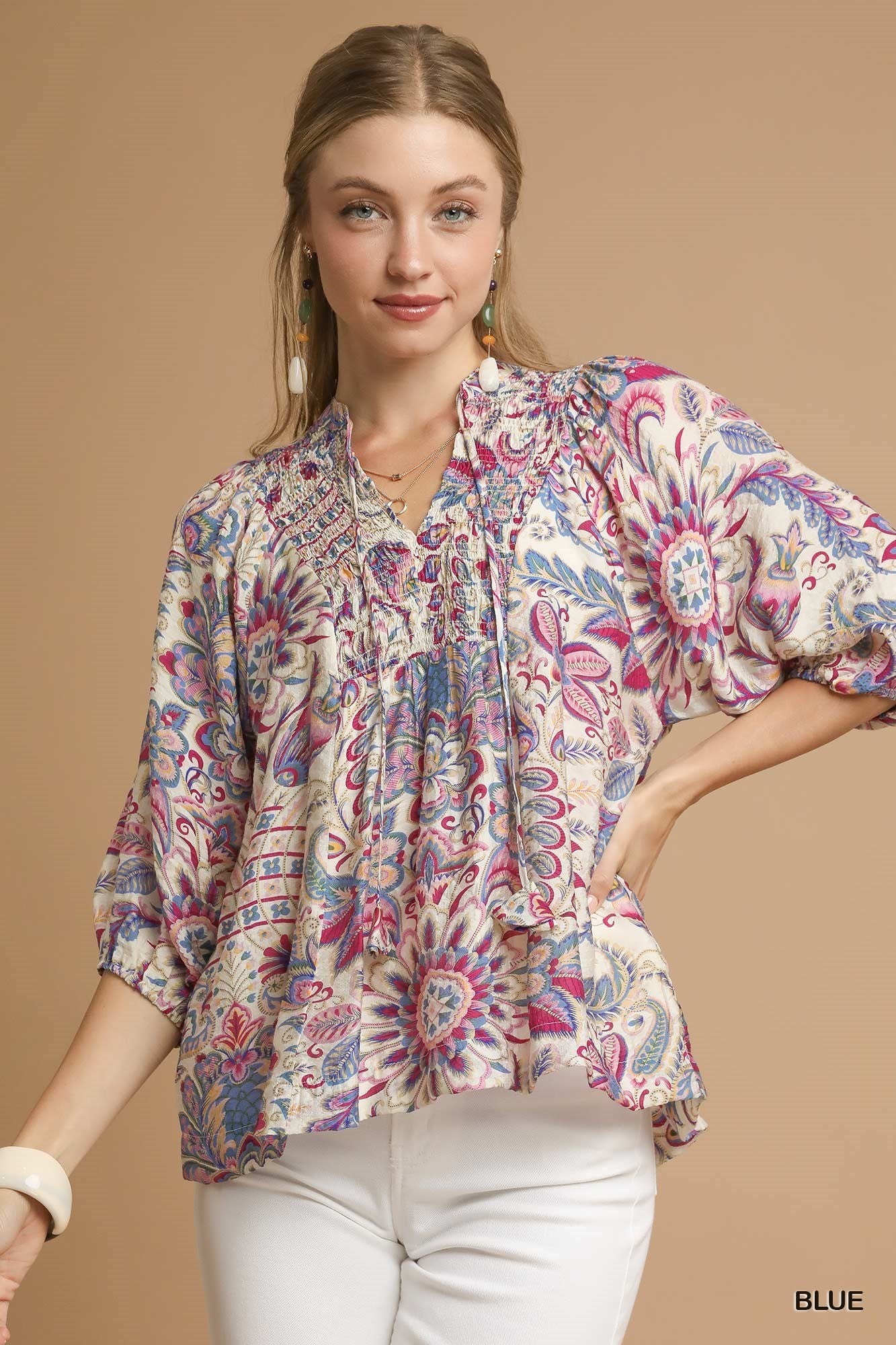 UMGEE Floral Paisley Boho Top Blue