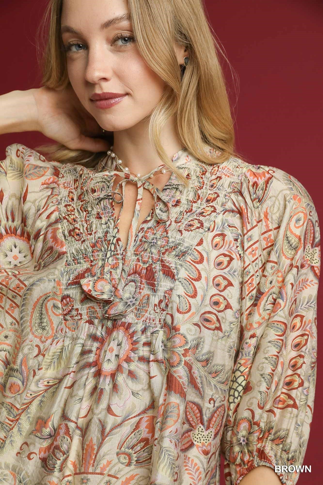 UMGEE Floral Paisley Boho Top Brown