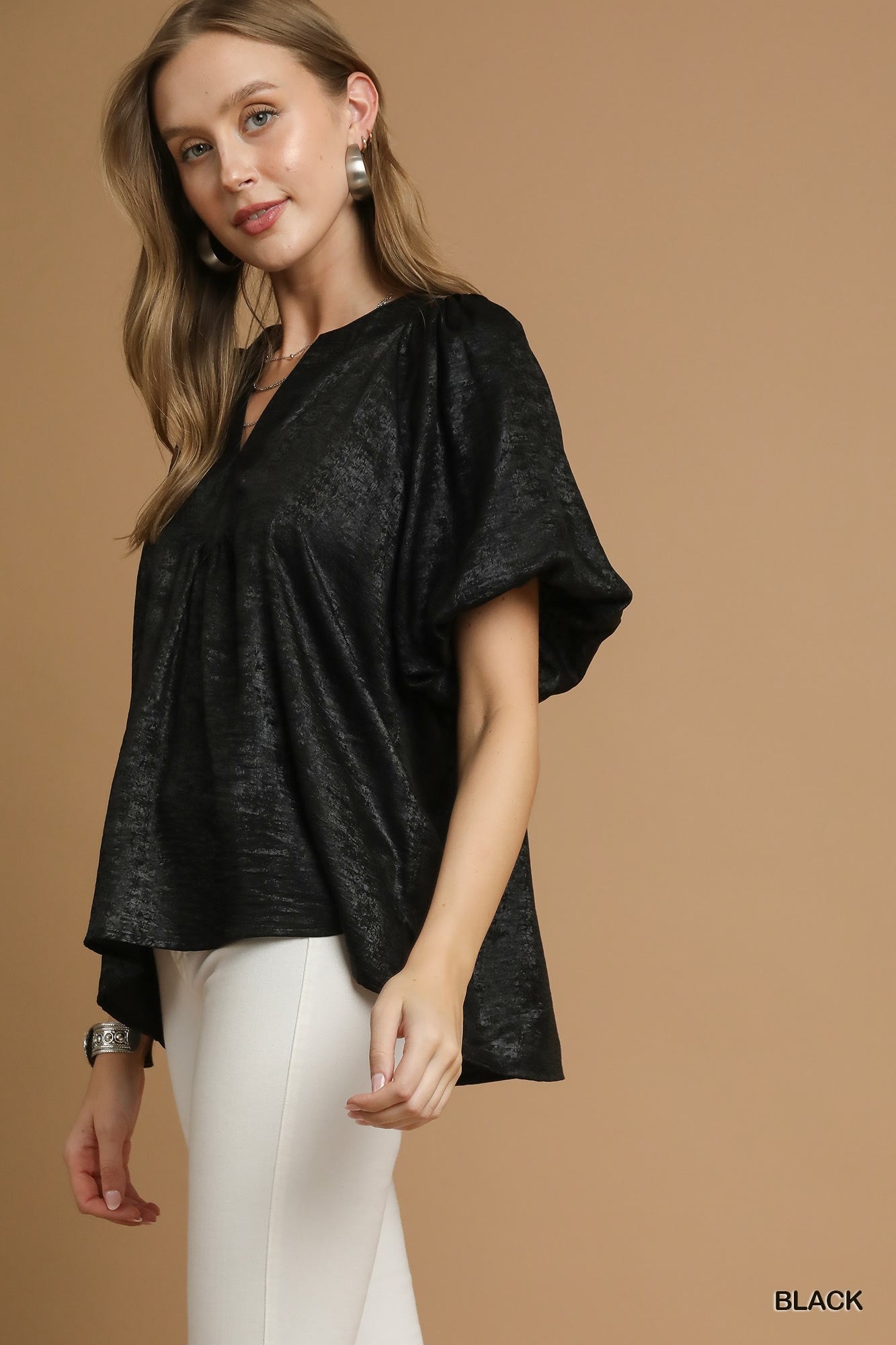 UMGEE Metallic Puff Sleeve Blouse Black