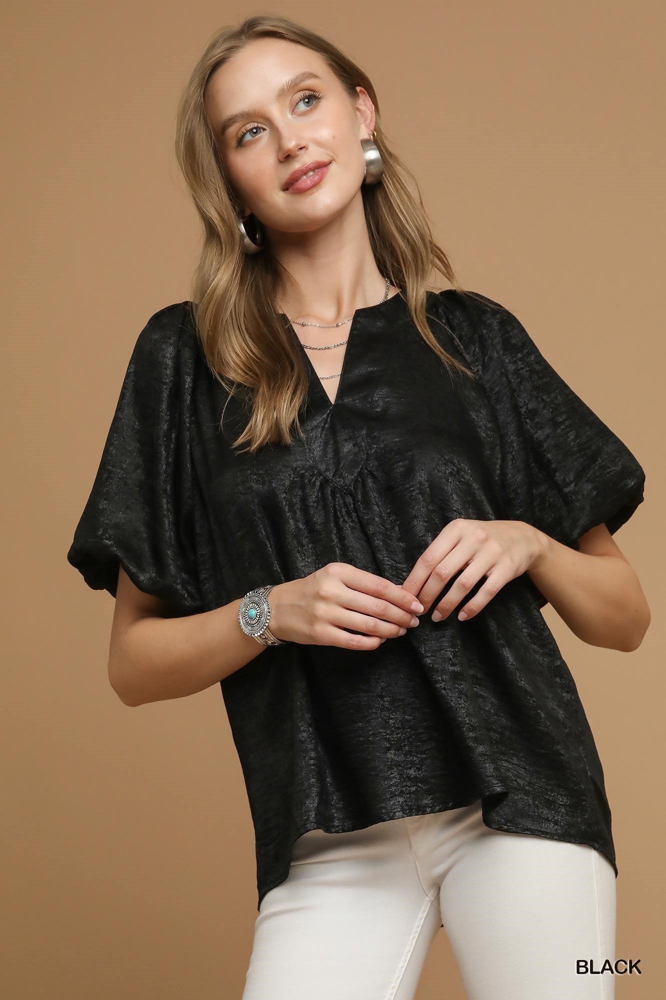 UMGEE Metallic Puff Sleeve Blouse Black