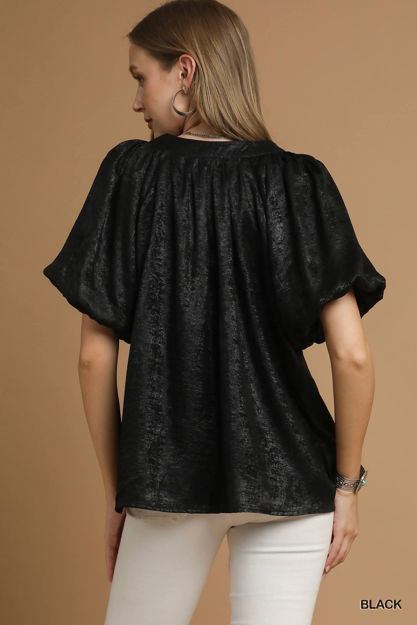UMGEE Metallic Puff Sleeve Blouse Black