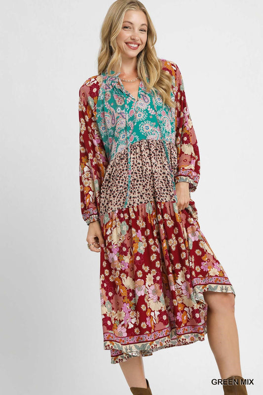 UMGEE Mix Boho Patchwork Print Tiered Midi Dress