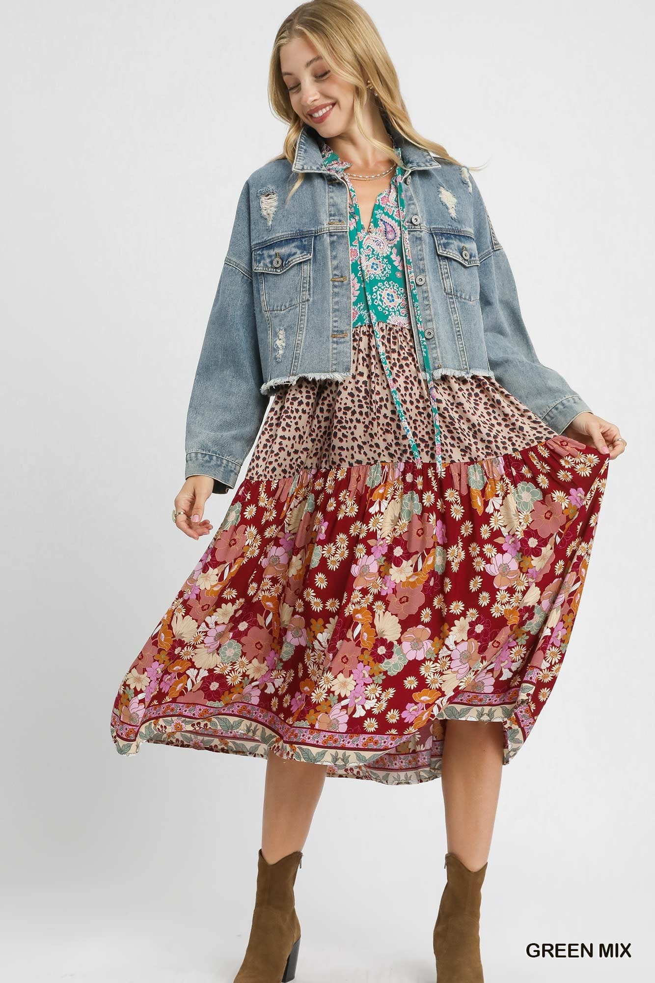 UMGEE Mix Boho Patchwork Print Tiered Midi Dress
