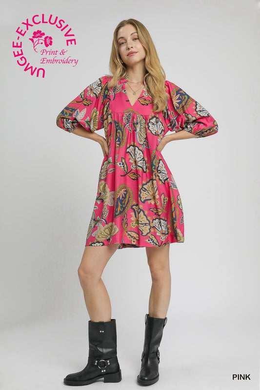 UMGEE Abstract Print Puff Sleeve Babydoll Dress Pink