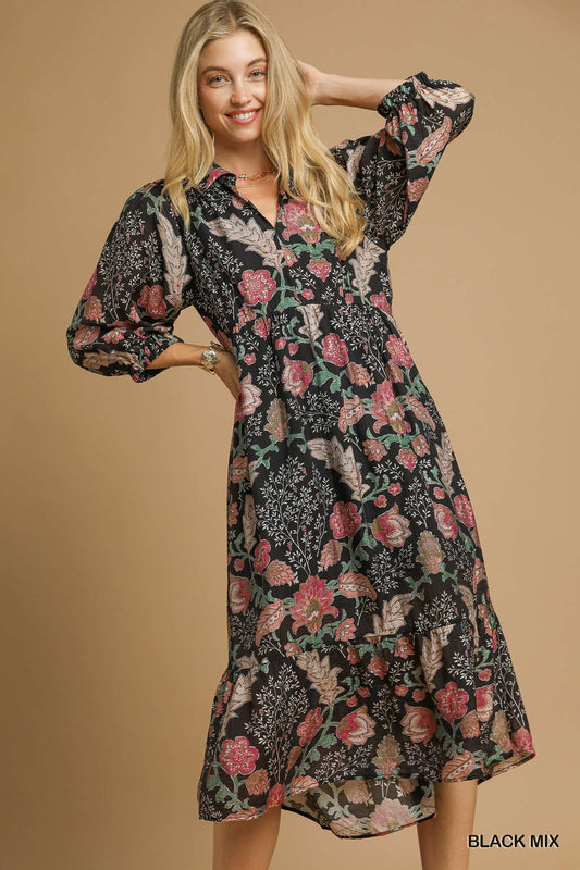 UMGEE Black Mix Floral Collared Midi Dress