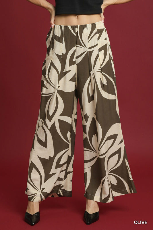 UMGEE Abstract Floral Wide Leg Pants Olive