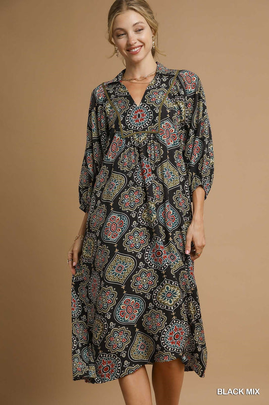 UMGEE Boho Medallion Print Midi Dress Black Mix