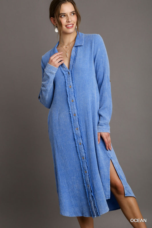 UMGEE Mineral Wash Button Down Midi Dress Shirt Ocean
