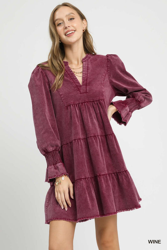 UMGEE Stone Washed V-Neck Dress Wine