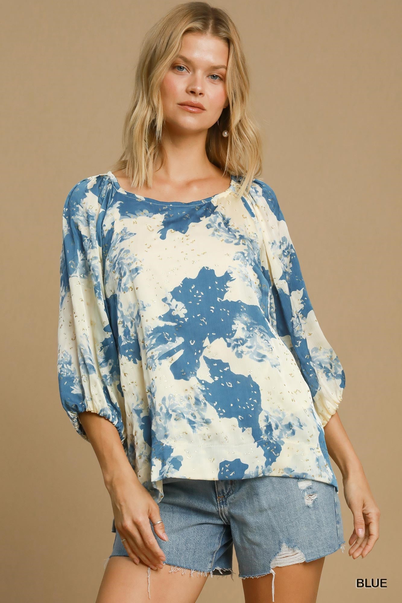 UMGEE Metallic Abstract Print Top Blue