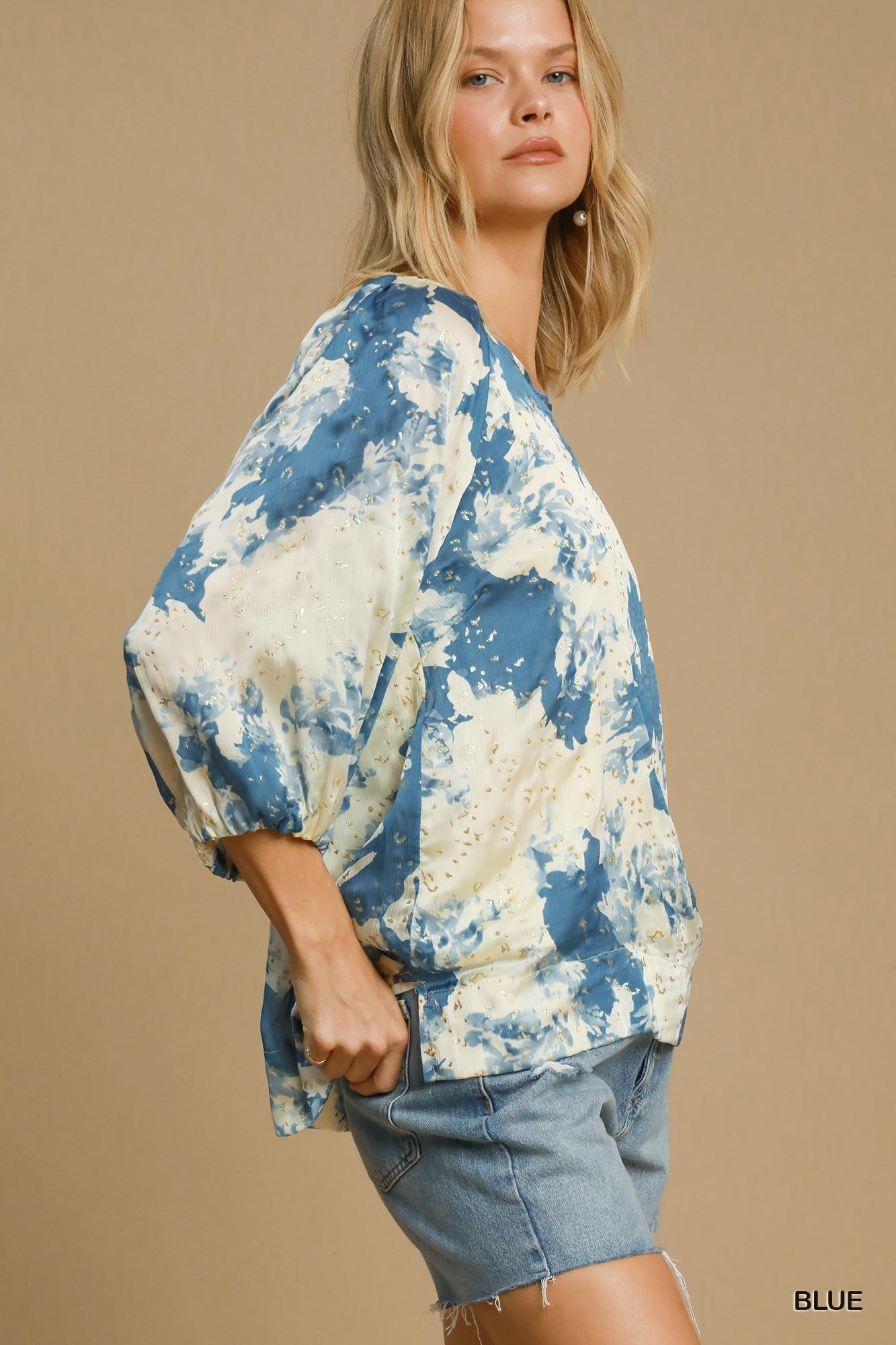 UMGEE Metallic Abstract Print Top Blue