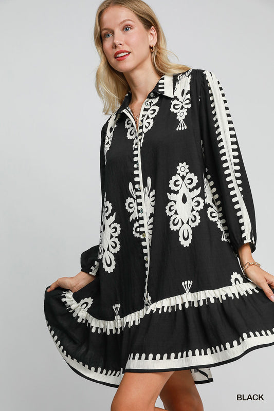 UMGEE Two Tone Abstract Print Mini Dress Black