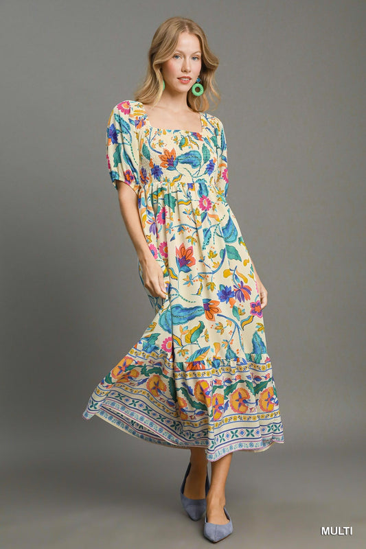 UMGEE Floral Print Square Neck Midi Dress