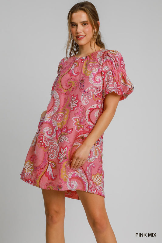 UMGEE Paisley Print Babydoll Dress Pink