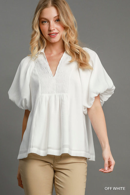 UMGEE Exaggerated Bubble Sleeve Top with Front Yoke and Smocking Details Off White