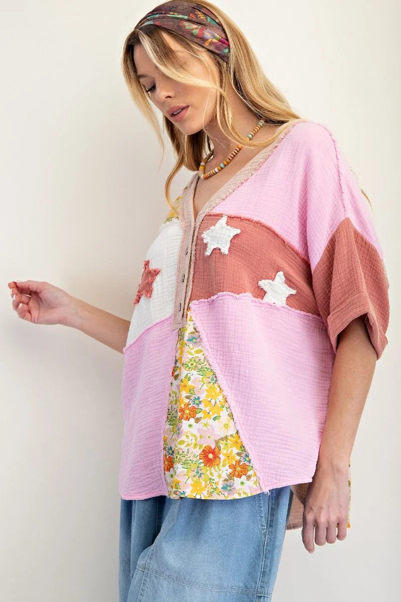 EASEL Patchwork Cotton Gauze Mineral Washed Top Cotton Pink