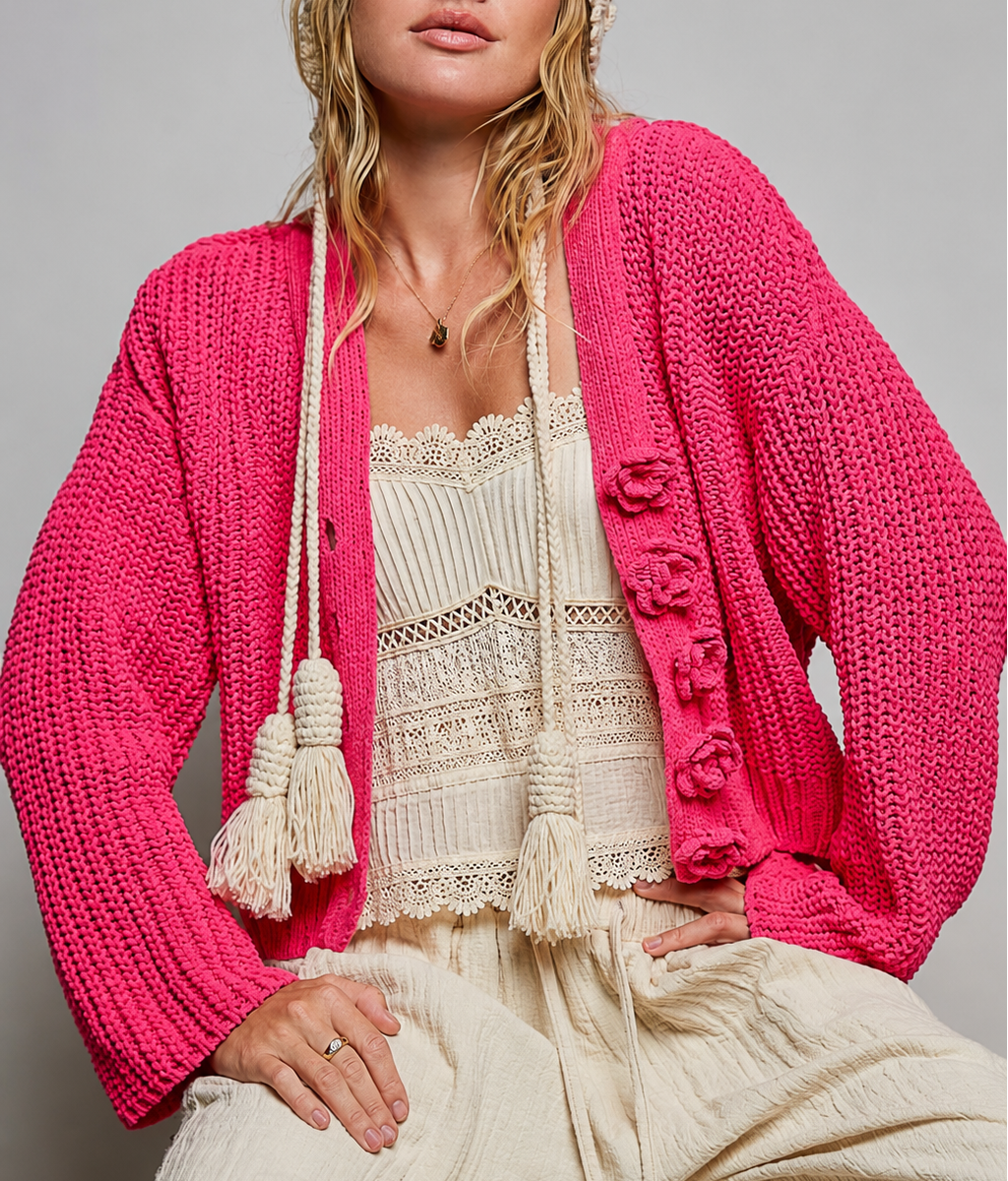 POL Fuchsia Pink Floral Button Cardigan