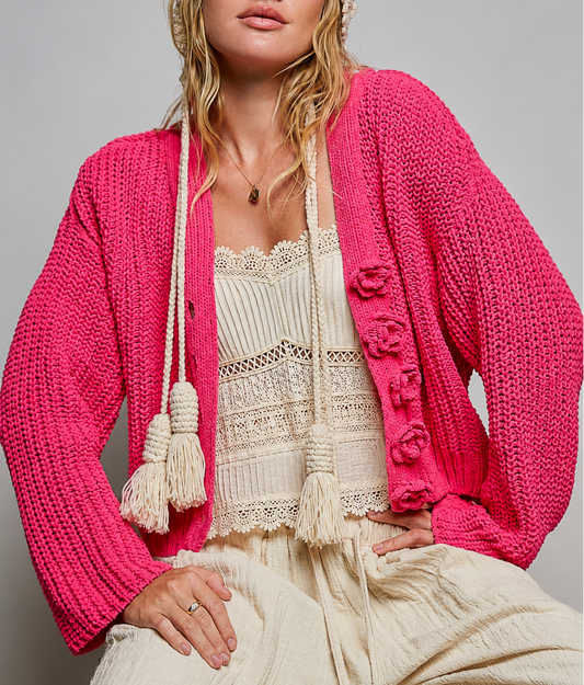 POL Fuchsia Pink Floral Button Cardigan