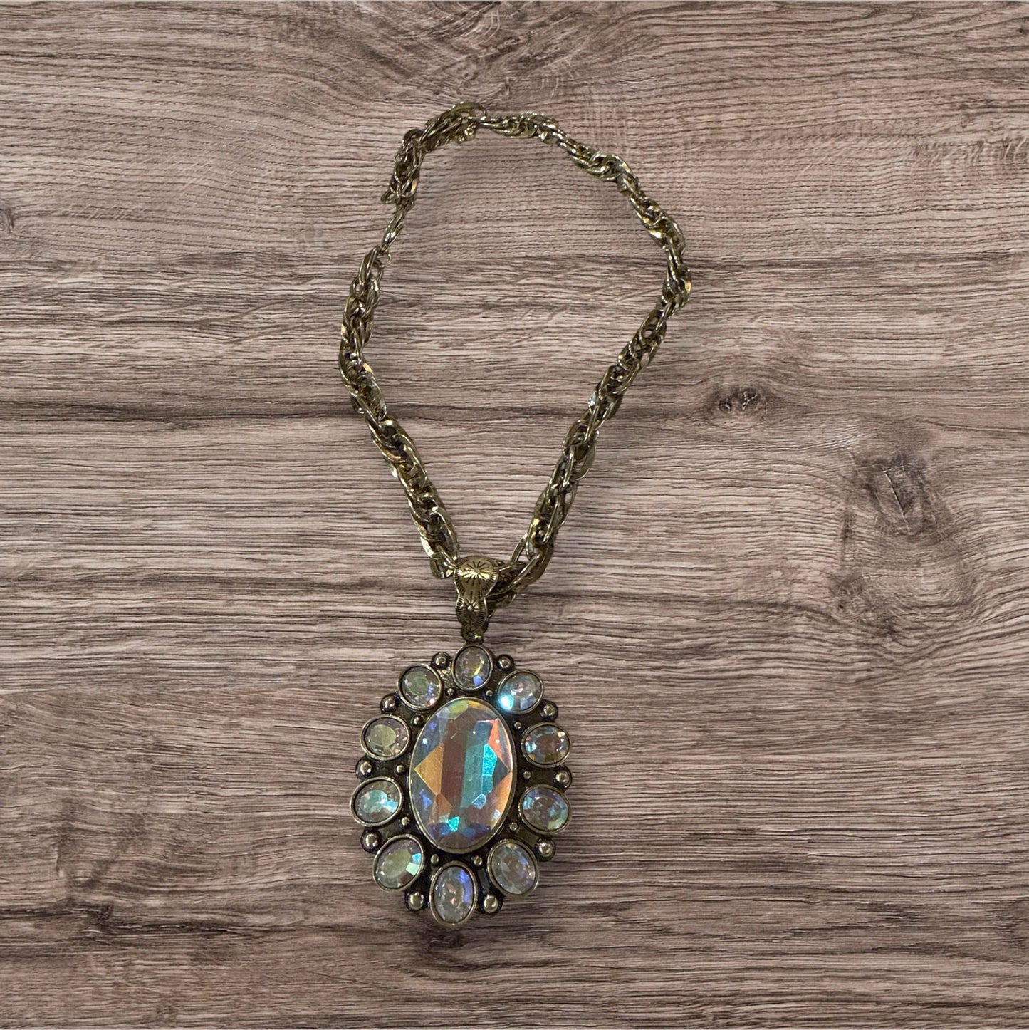 Antique Style AB Stone Burnished Gold Chain Necklace