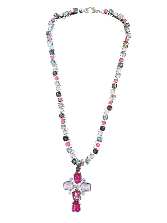 Long Multi Pink Crystal Cross Necklace