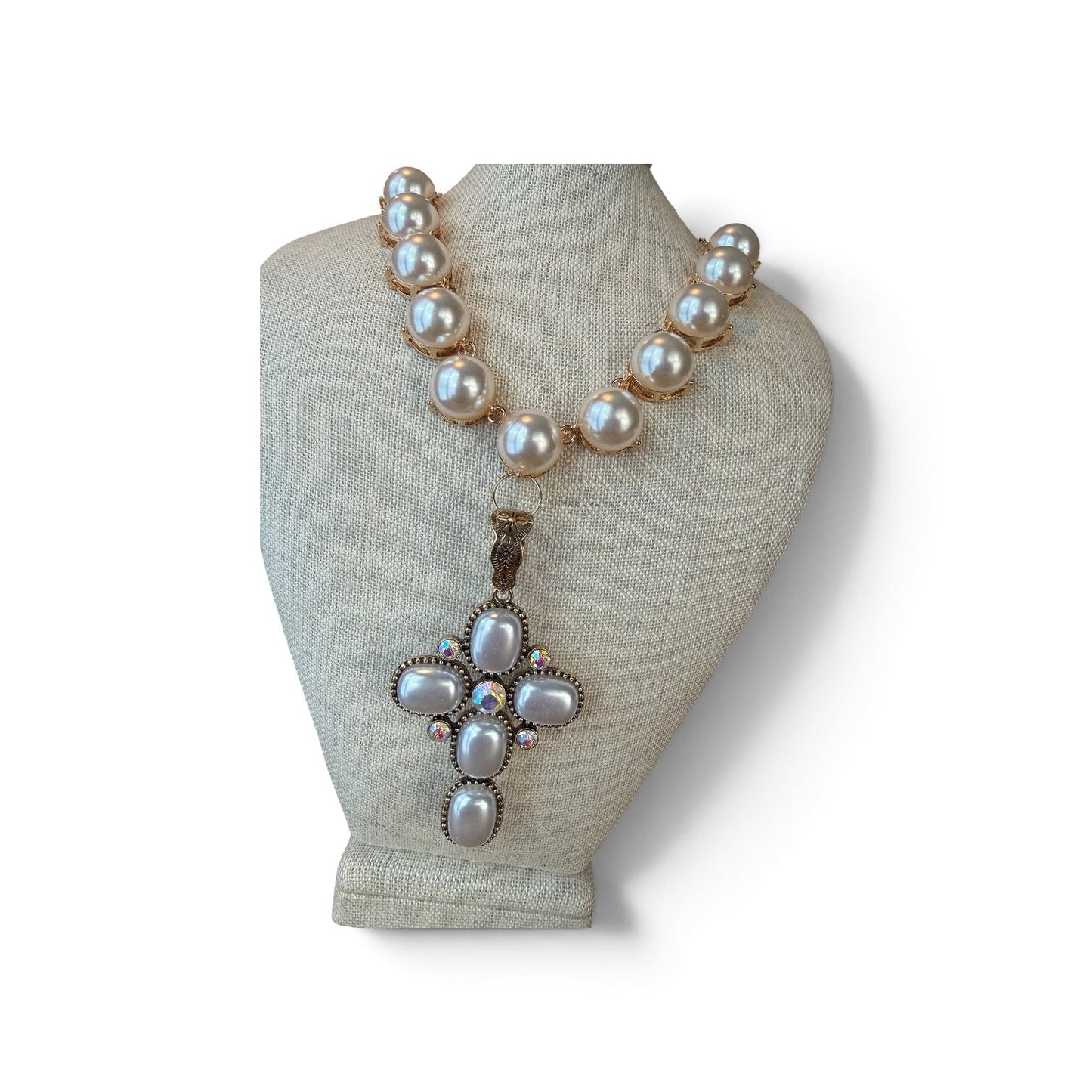 Gold Pearl Dime Cross Necklace