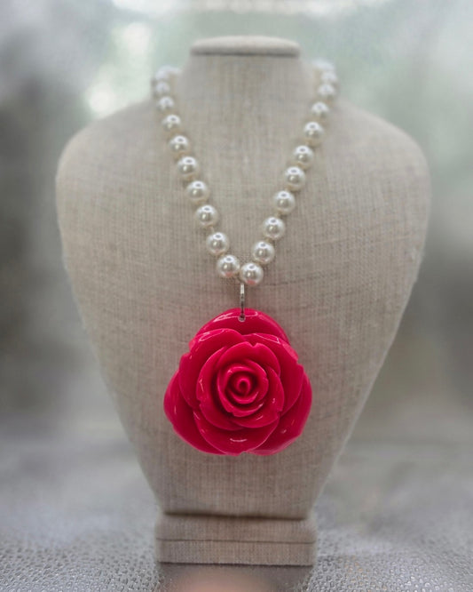 Vintage, Resin Rose on Pearl Necklace