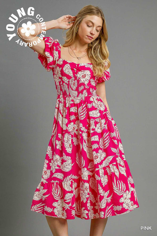 UMGEE Smocked Tropical Puff Sleeve Midi Dress Pink