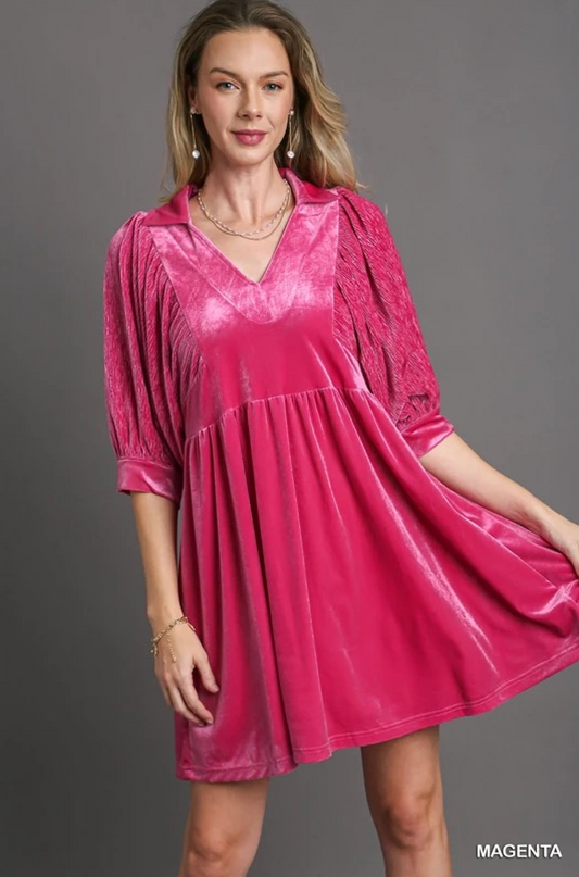 Umgee Velvet 3/4 Sleeves Collar Dress with Contrast Detail