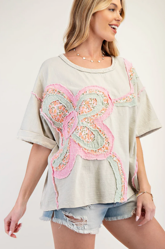 EASEL FLOWER PATCH MINERAL WASHED COTTON SLUB TOP LIGHT SAGE