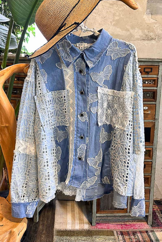 POL Sequin Crochet Multi Fabric Top Denim