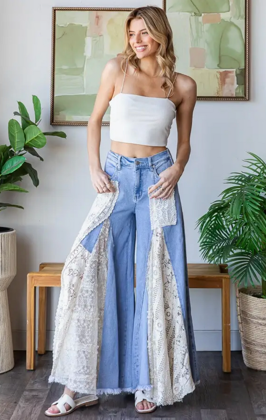 OLI & HALI Lace Insert Detail Ruffle Flare Wide Leg Pants