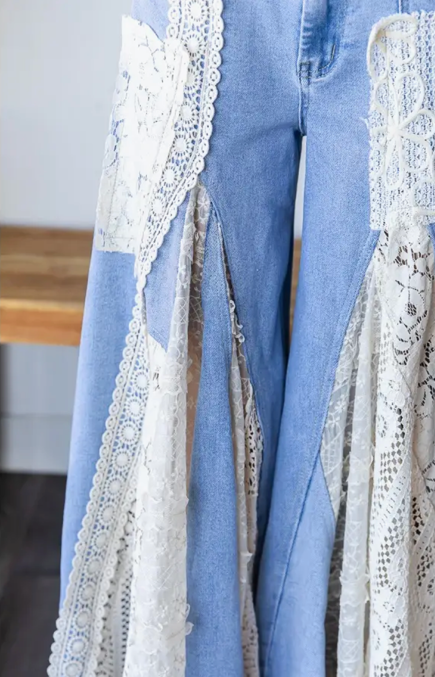 OLI & HALI Lace Insert Detail Ruffle Flare Wide Leg Pants