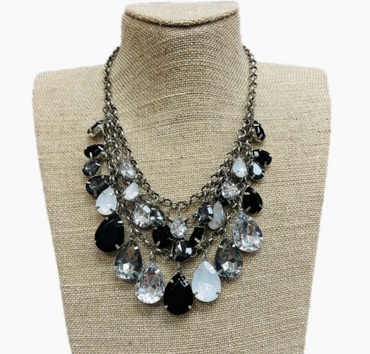 Jet Black Silver Teardrop 3 Strand Necklace