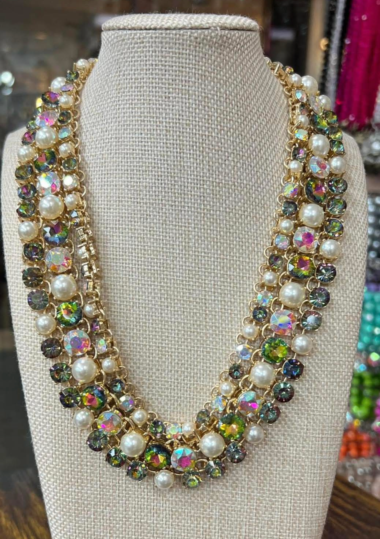 Pearl, AB, Volcano 3 Strand Necklace