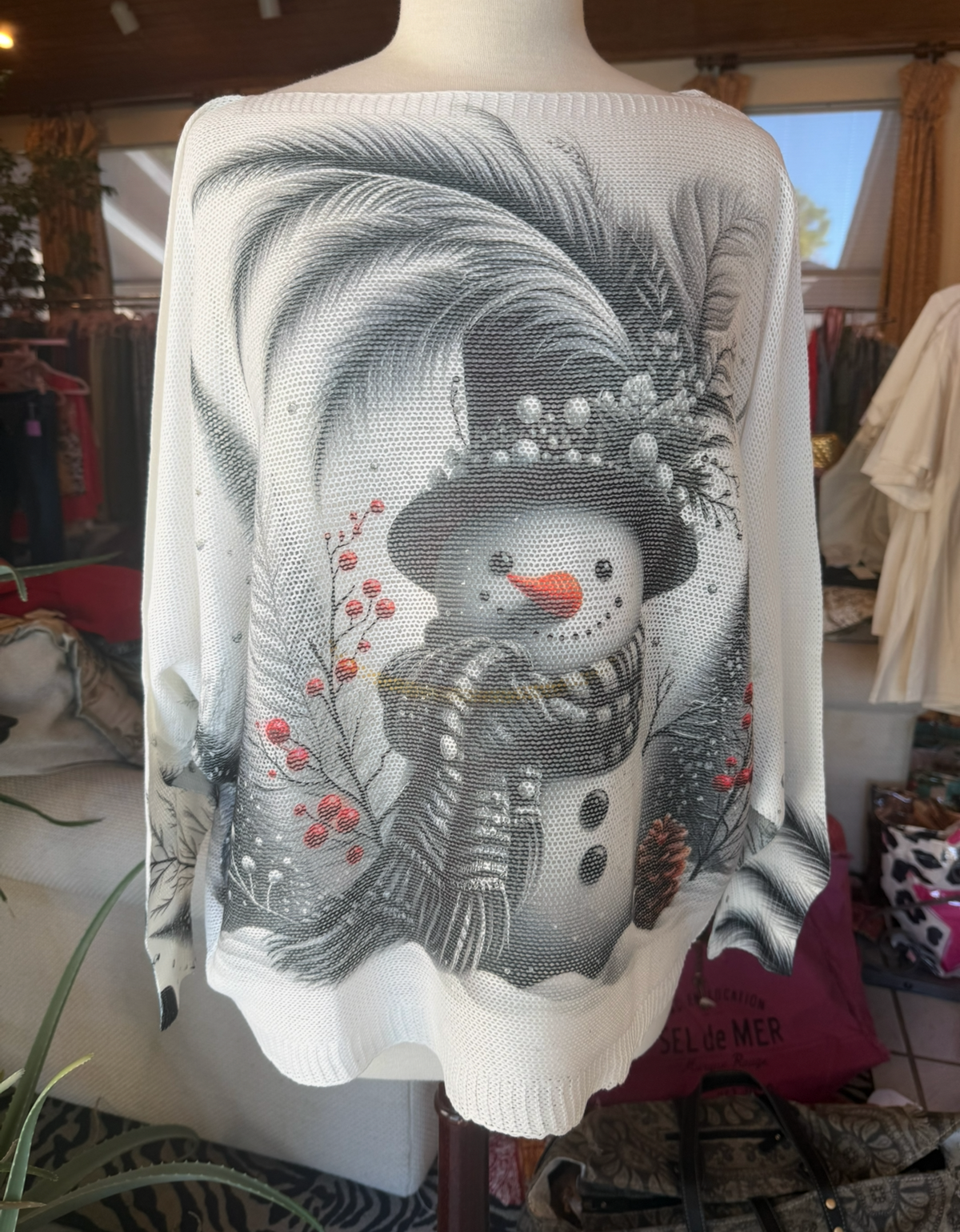 LOOWIE White Snowman Christmas Round Knit Printed Sweater