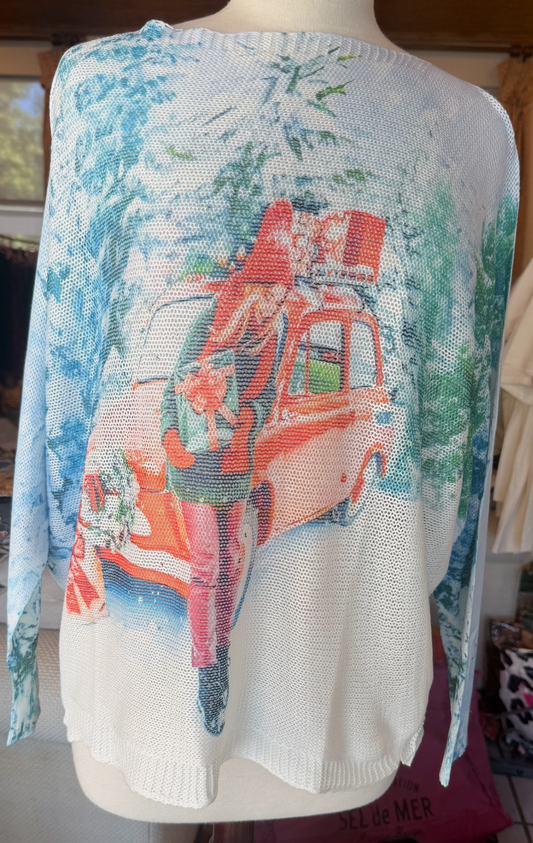 LOOWIE Blue Gift Round Knit Printed Sweater