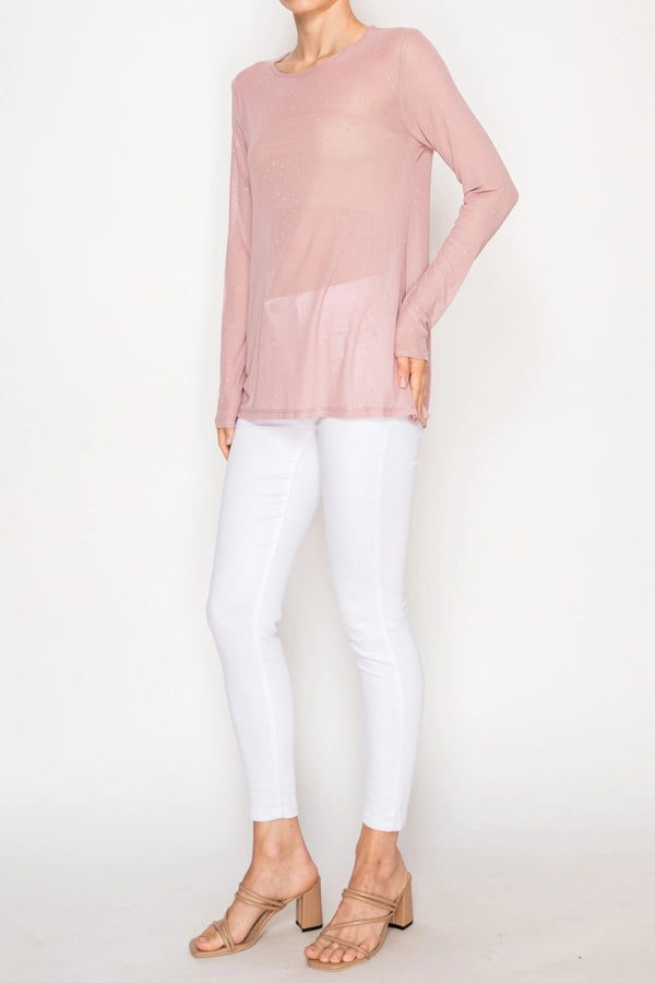 ORIGAMI Sparkly Sheer Mesh Top Pink