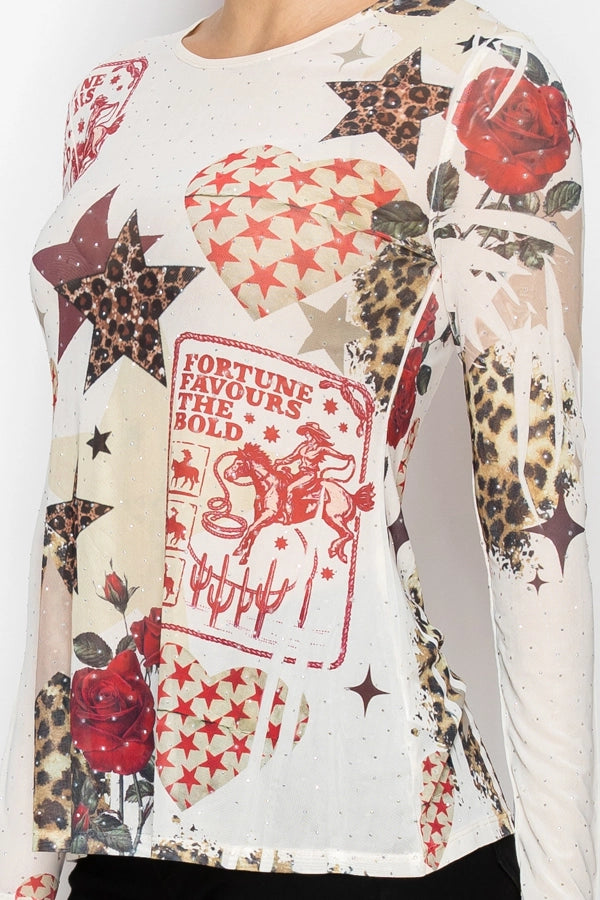 ORIGAMI Star Rose Sparkly Mesh Top